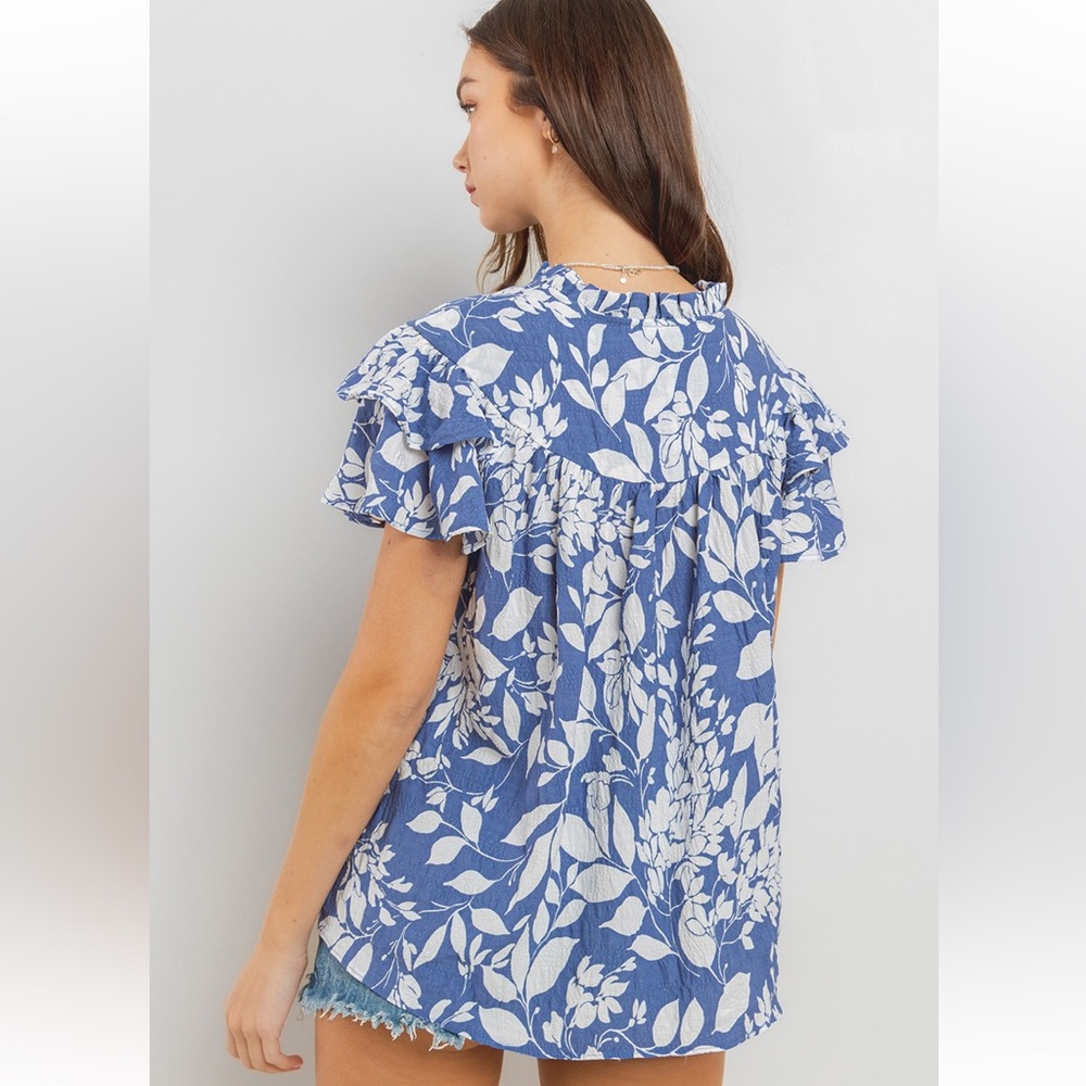 09 Boho Leaf Print Ruffle Sleeve Blouse Top - Picture 5 of 7